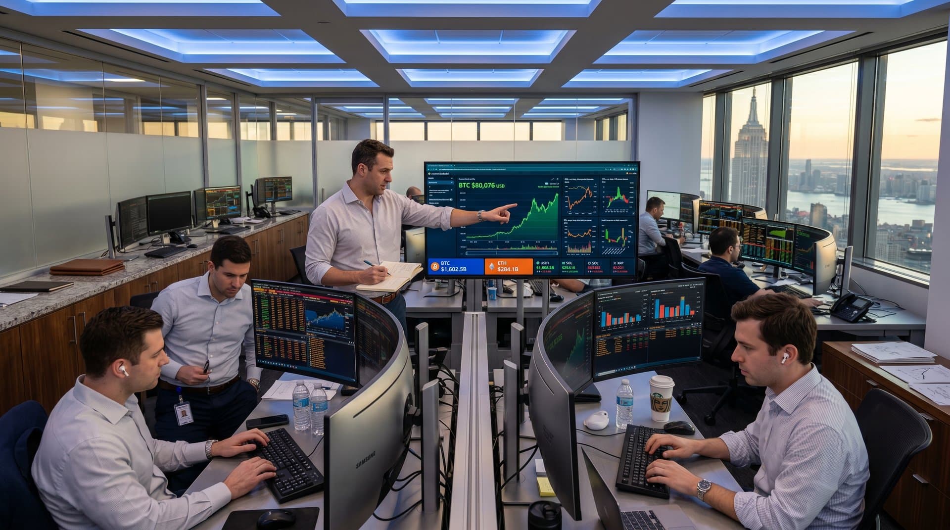 QuickSight dashboards on trading floor monitors showing BTC crypto charts amid Bloomberg terminals and market data streams
