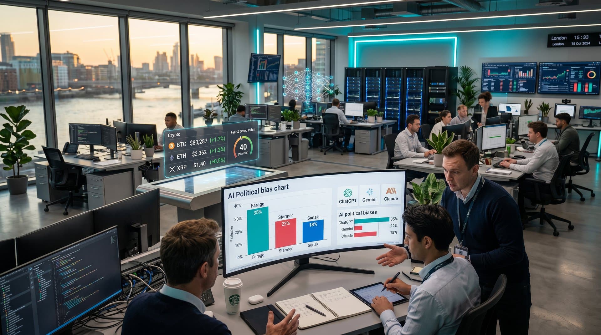 Bar charts and tables visualizing AI political bias with Farage lead and crypto prices in tech lab