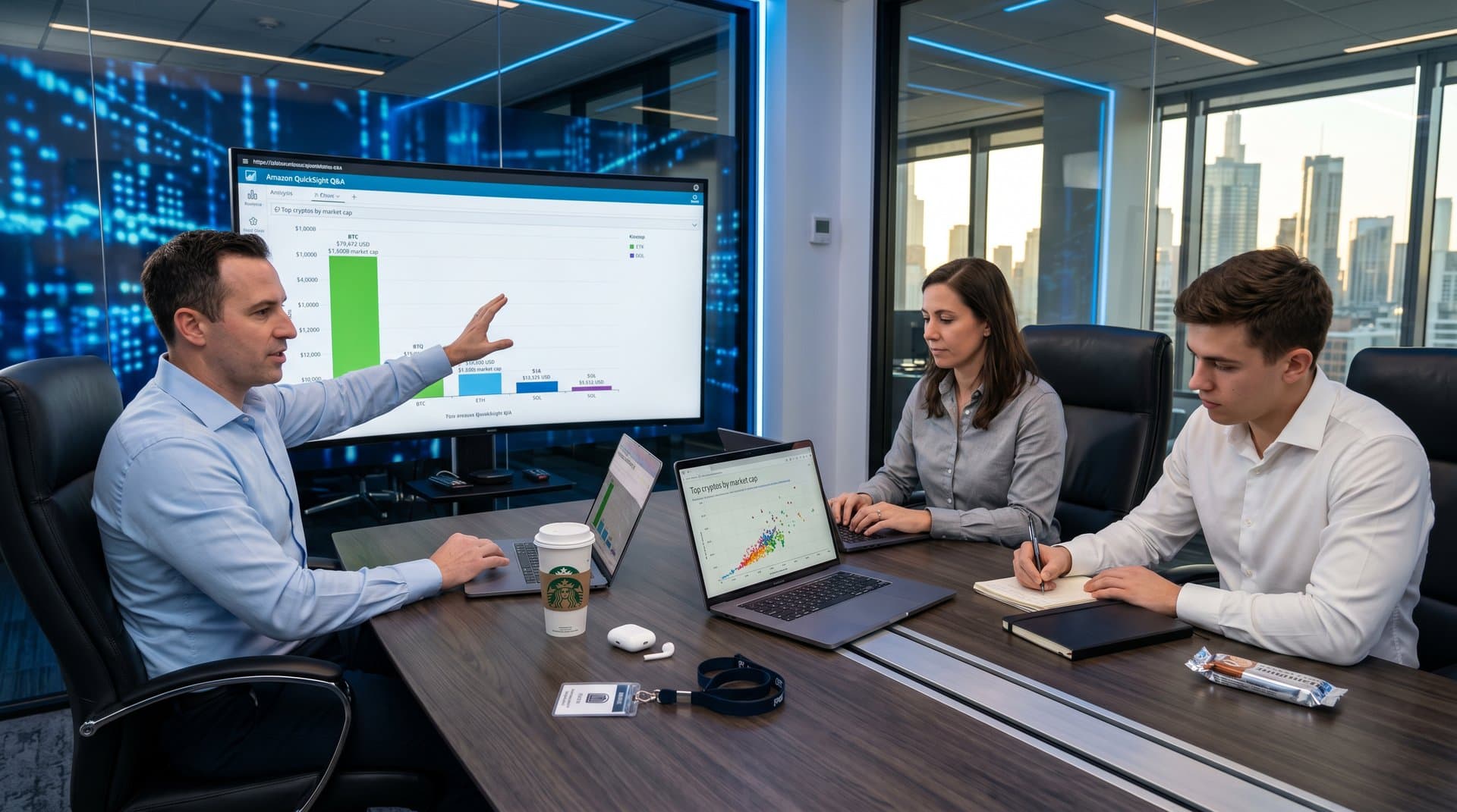 QuickSight dashboard on monitor shows BTC $79,942 bar chart in analytics room with crypto market visuals