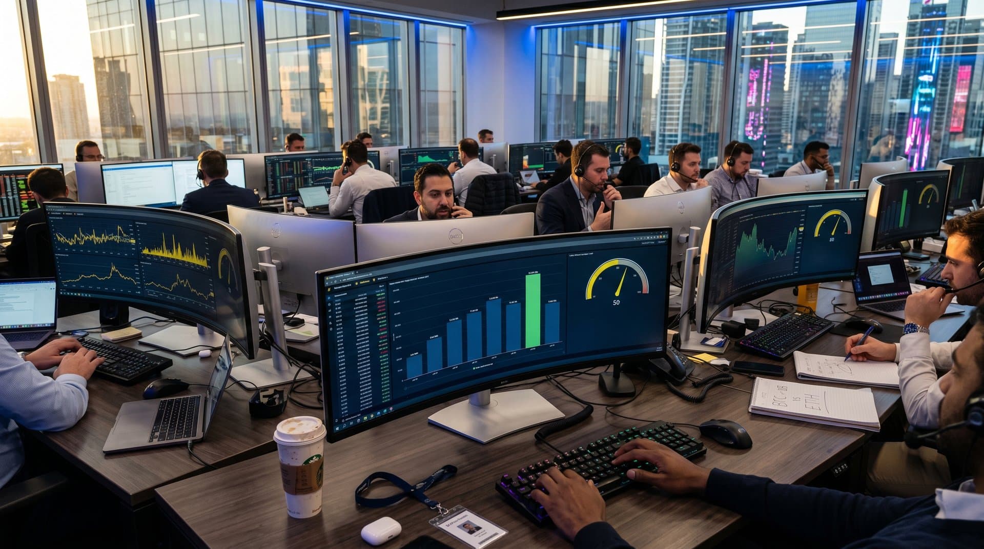 Trading desks with Amazon QuickSight crypto dashboards showing BTC market cap charts and skyline view