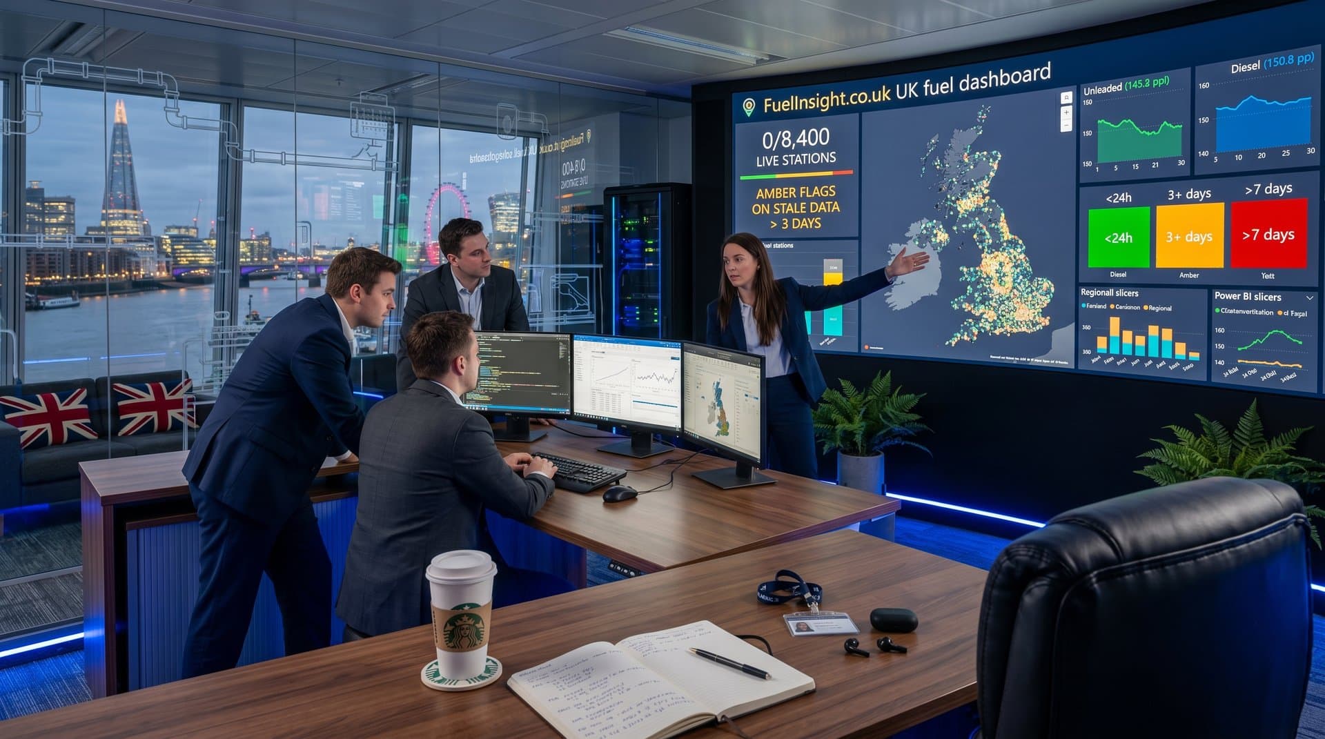 Dashboard visualization of UK fuel price intelligence showing 0 live stations, stale data flags, and trend analytics on modern screens