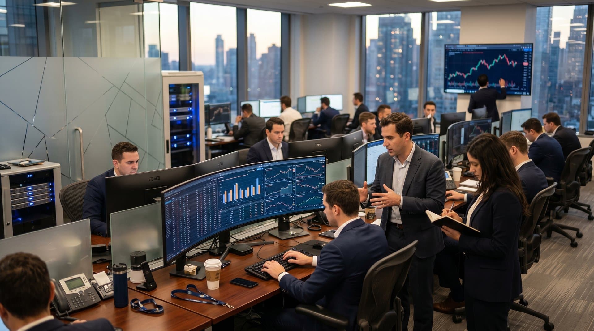 Trading desks with QuickSight crypto dashboards on multi-monitors amid modern office elements