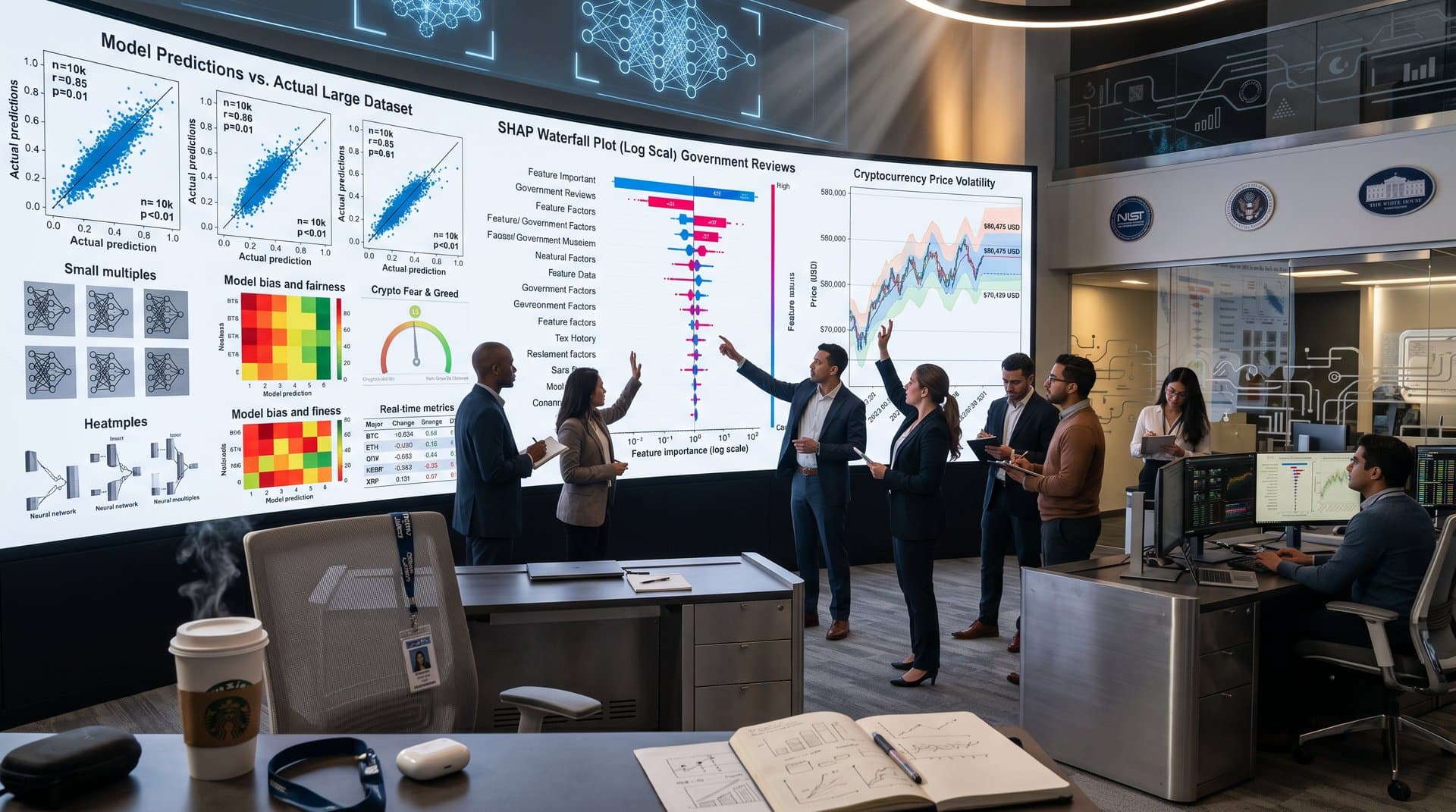 Abstract dashboard of AI explainability visuals including SHAP plots, scatter regressions, and crypto price charts in a futuristic tech interface