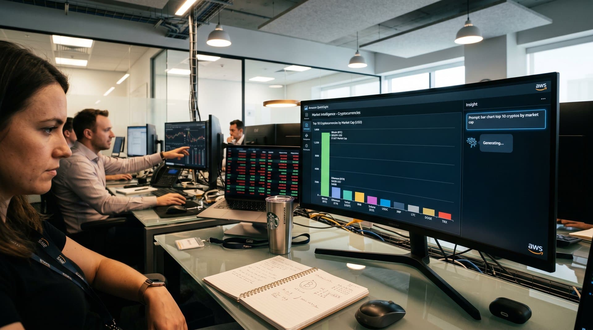QuickSight dashboard bar chart of top crypto market caps with BTC leading