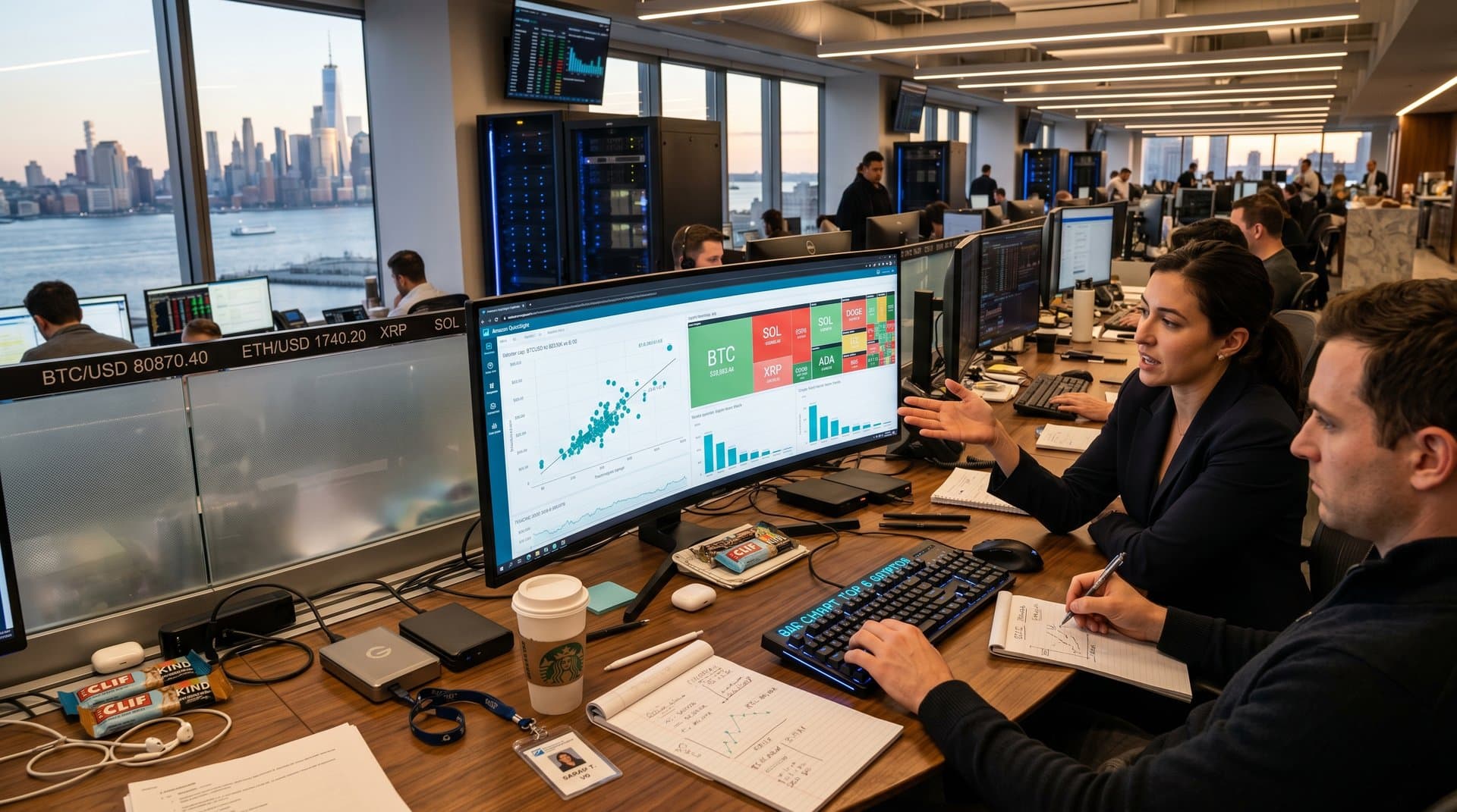 QuickSight dashboards show BTC $80k crypto charts on trading desk monitors with prompts and market data visuals