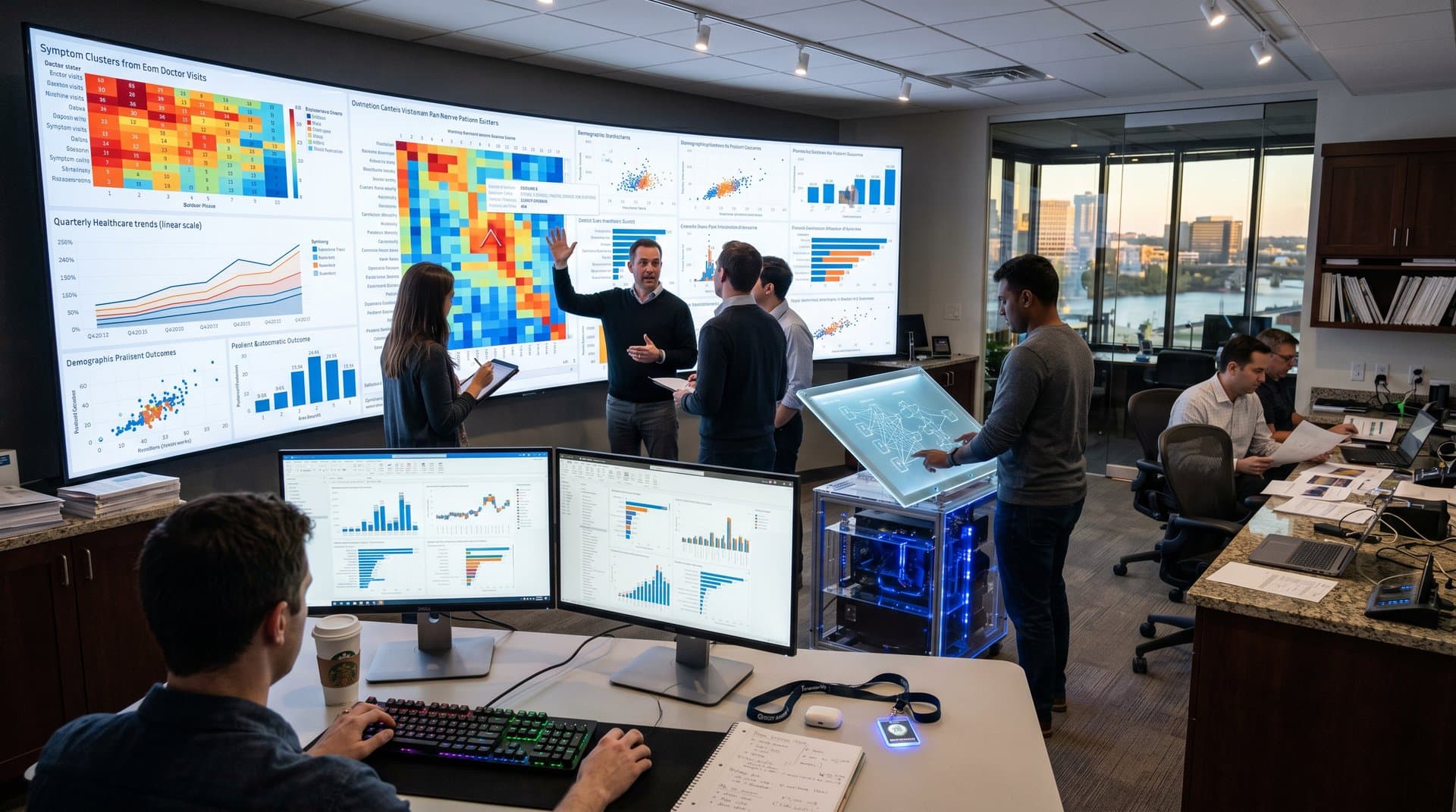 High-tech BI lab curved video wall shows AI scribe dashboards: heatmaps, line charts, scatter plots amid monitors, servers, and modern setup