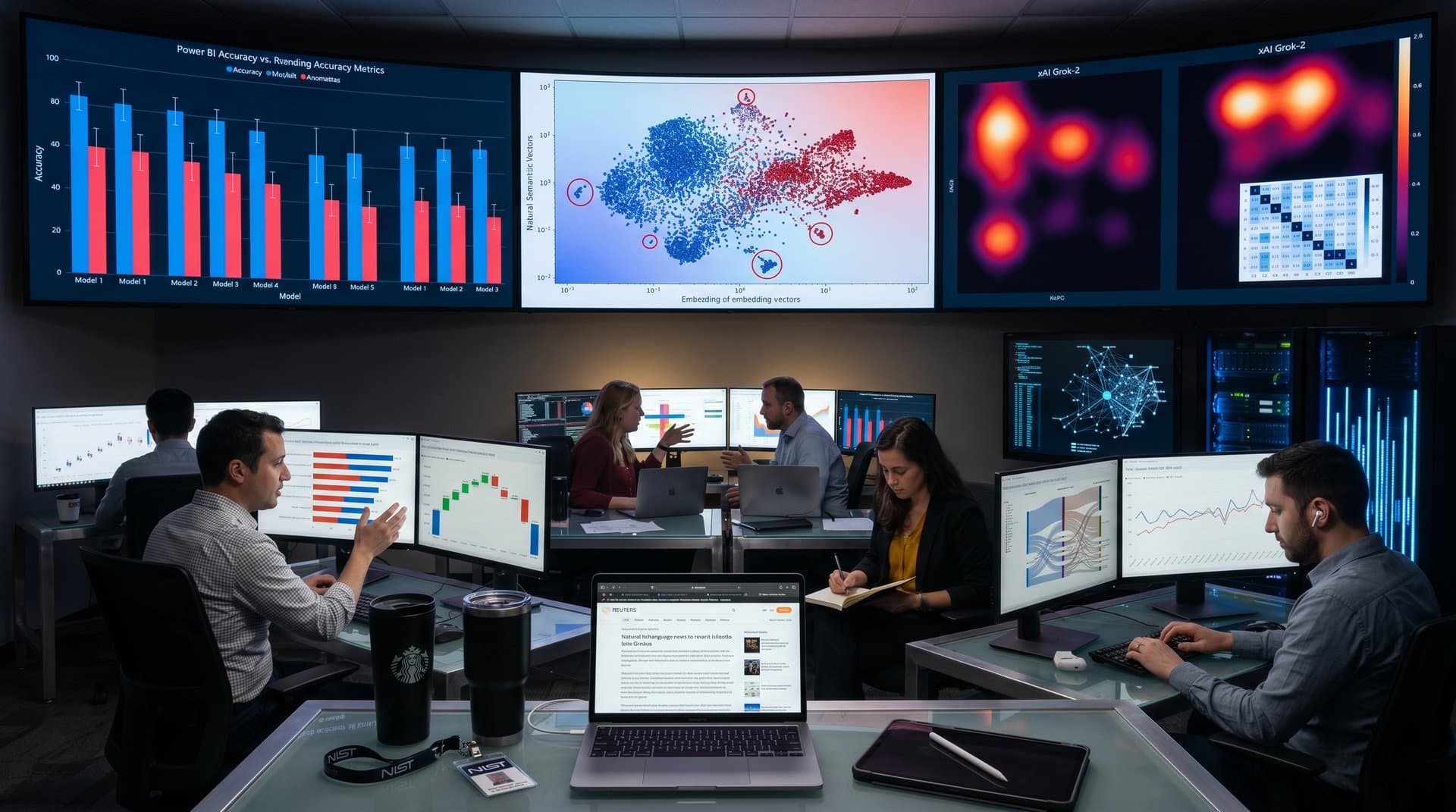 BI dashboard displaying AI security visualizations: small multiples, scatter plots, heatmaps on secure government networks