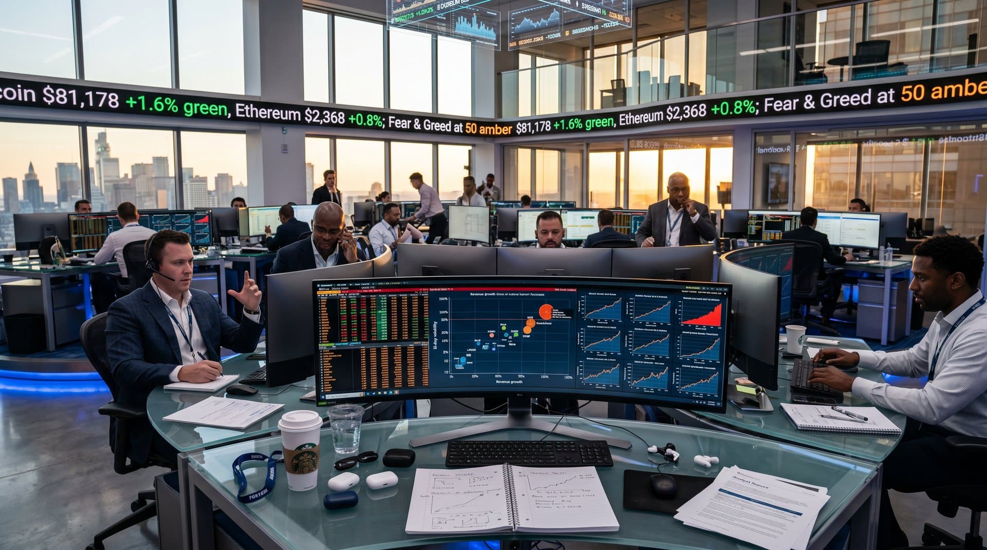 Trading desks with AI investment dashboards and crypto price screens overlooking city skyline