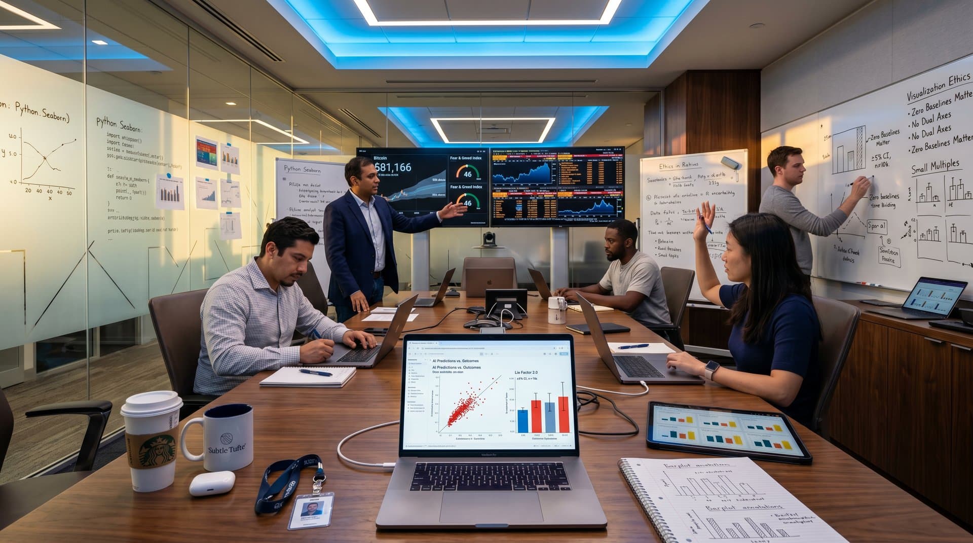Data visualization studio with AI dashboards on monitors, bar charts, scatter plots, and crypto metrics on Bloomberg terminals