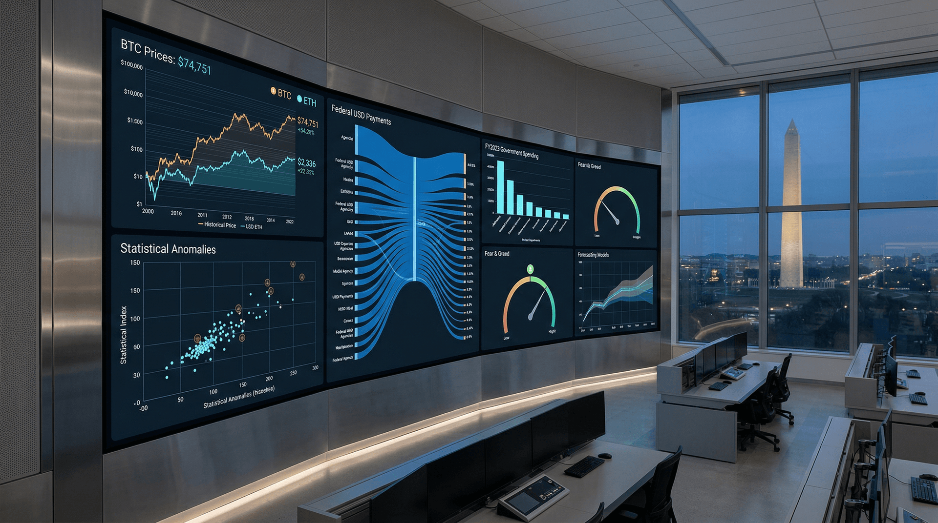 AI Data Visualization Tracks Federal Payments as BTC Hits $74,751