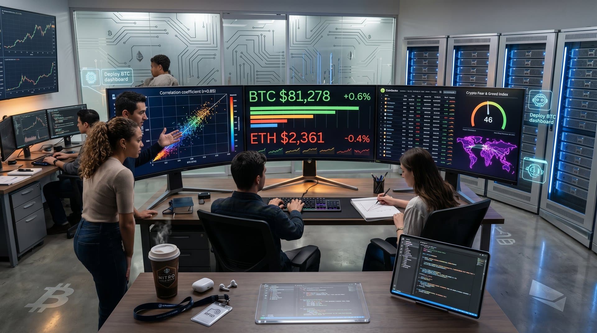 Monitors showing crypto dashboards with sparklines for BTC and ETH, Cloudflare edge maps, minimalist lab with server racks