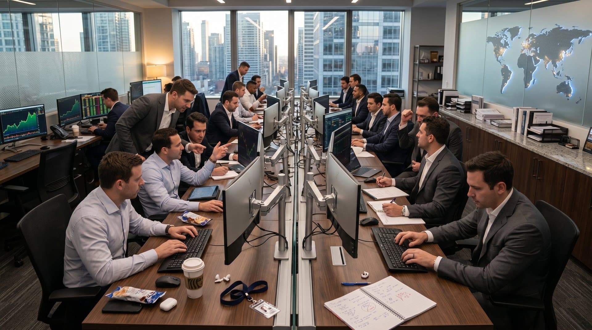 Trading floor desks with monitors showing crypto charts, AI dashboards, and Excel projections amid city skyline view