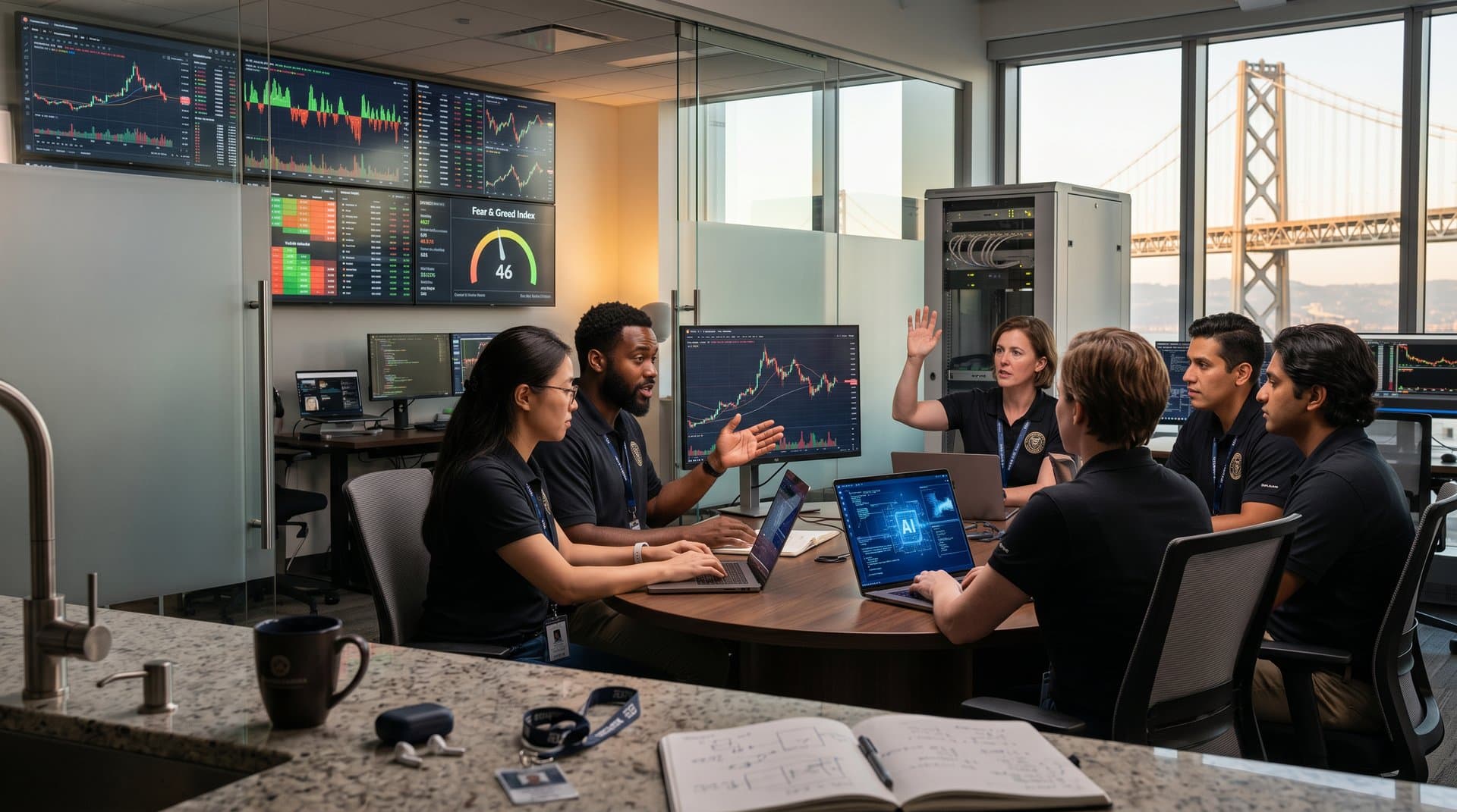 High-tech Coinbase AI lab monitors displaying crypto dashboards with candlestick charts, AI overlays, and Fear & Greed Index