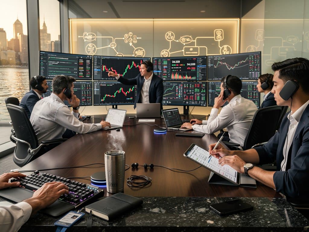 Financial analysts monitor Prometheus and OpenTelemetry metrics dashboards with live BTC charts in high-tech war room