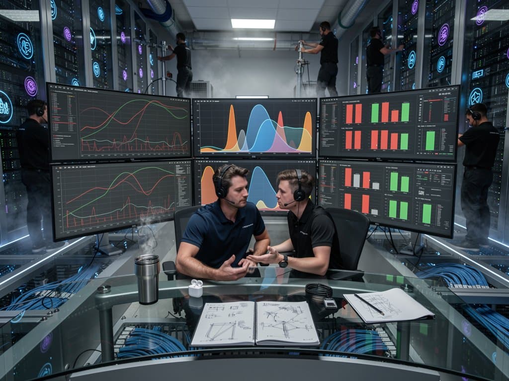 Data center room with engineers monitoring Prometheus and OpenTelemetry dashboards amid server racks and video walls