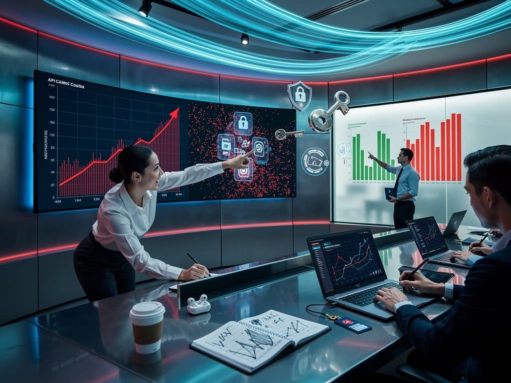 Digital dashboard showing Firebase API breach spike in Gemini usage with line charts and alerts