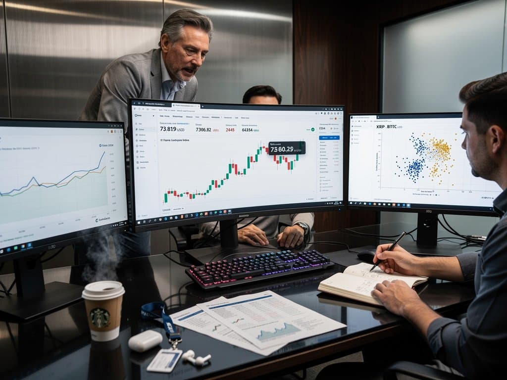 QuickSight dashboard with custom tooltip over BTC chart at $73,819 USD, crypto visuals in analytics setup