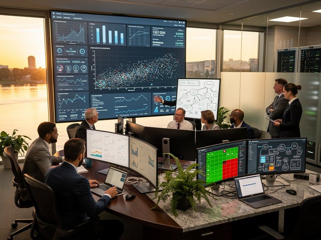 Analysts collaborate on multi-monitor dashboards visualizing over 3,000 gov AI use cases in a modern federal analytics operations center with video walls, glass partitions, and Potomac views