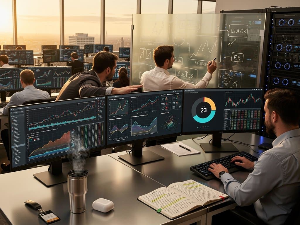 High-tech lab monitors display scatter plots, small multiples, and dashboards analyzing AI job forecasts and market sentiment data