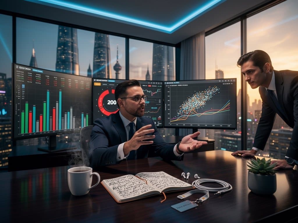 Crypto dashboards on multi-monitors in modern wealth management office displaying BTC, Fear & Greed Index at 23, and market trends