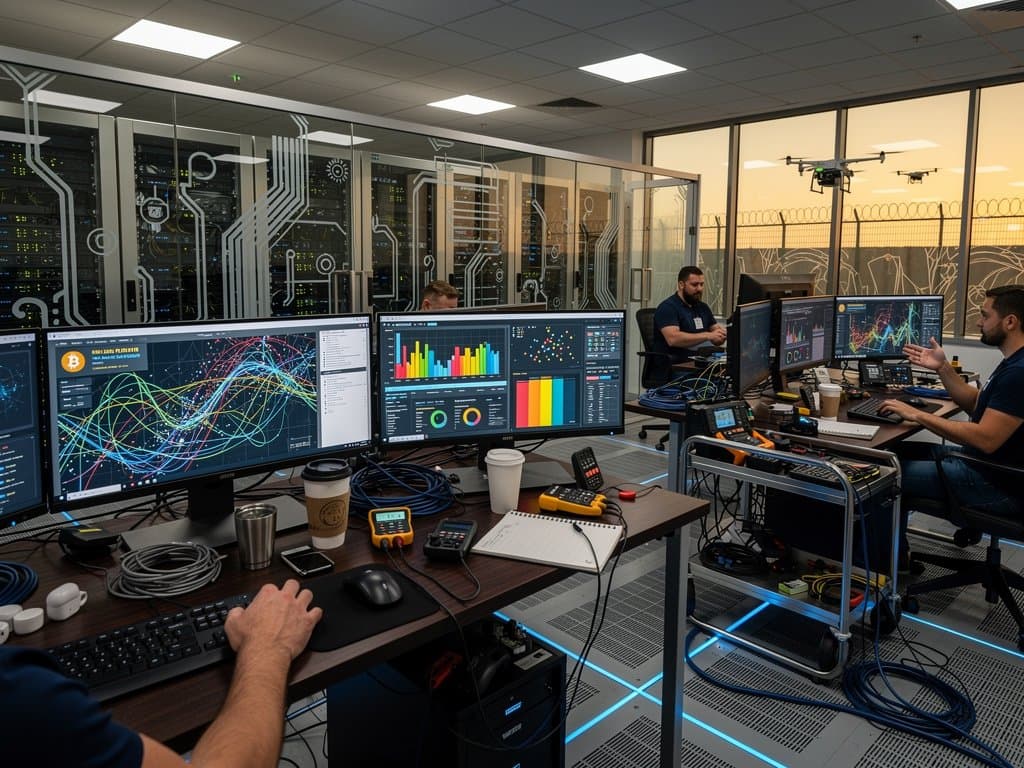 Data center with AI visualization dashboards displaying government analytics and financial crypto charts amid server racks and fiber optics