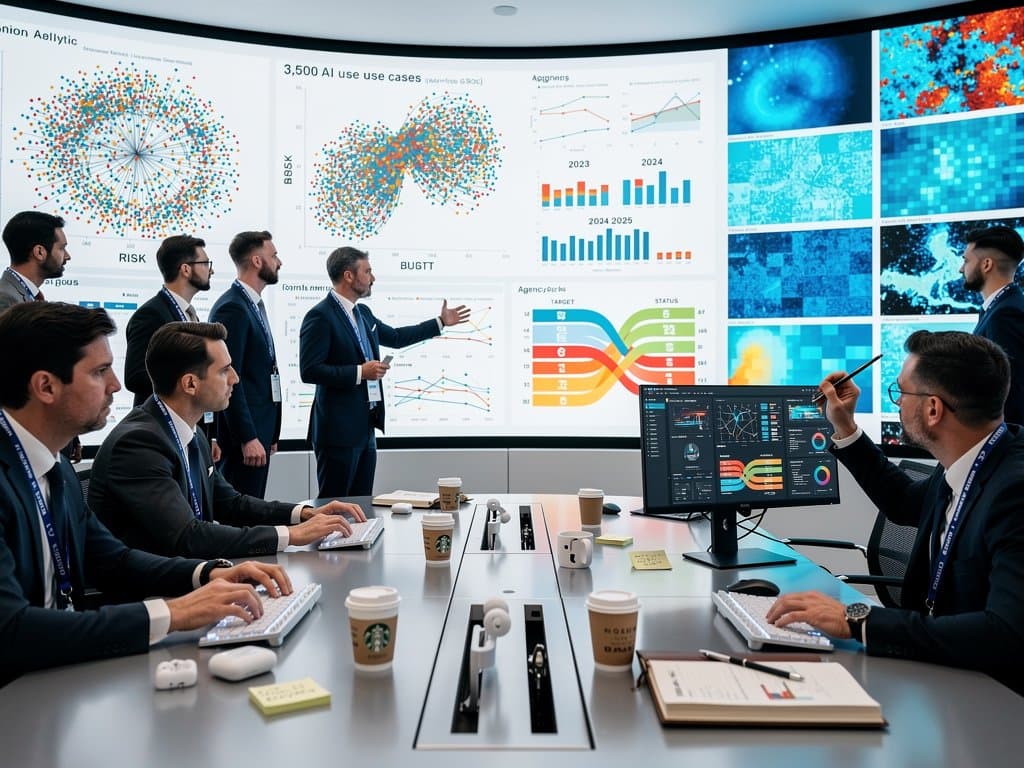Government analysts review dashboards of 3,000+ AI use cases featuring scatter plots, small multiples, Sankey crypto flows, and bullet charts in high-tech oversight center