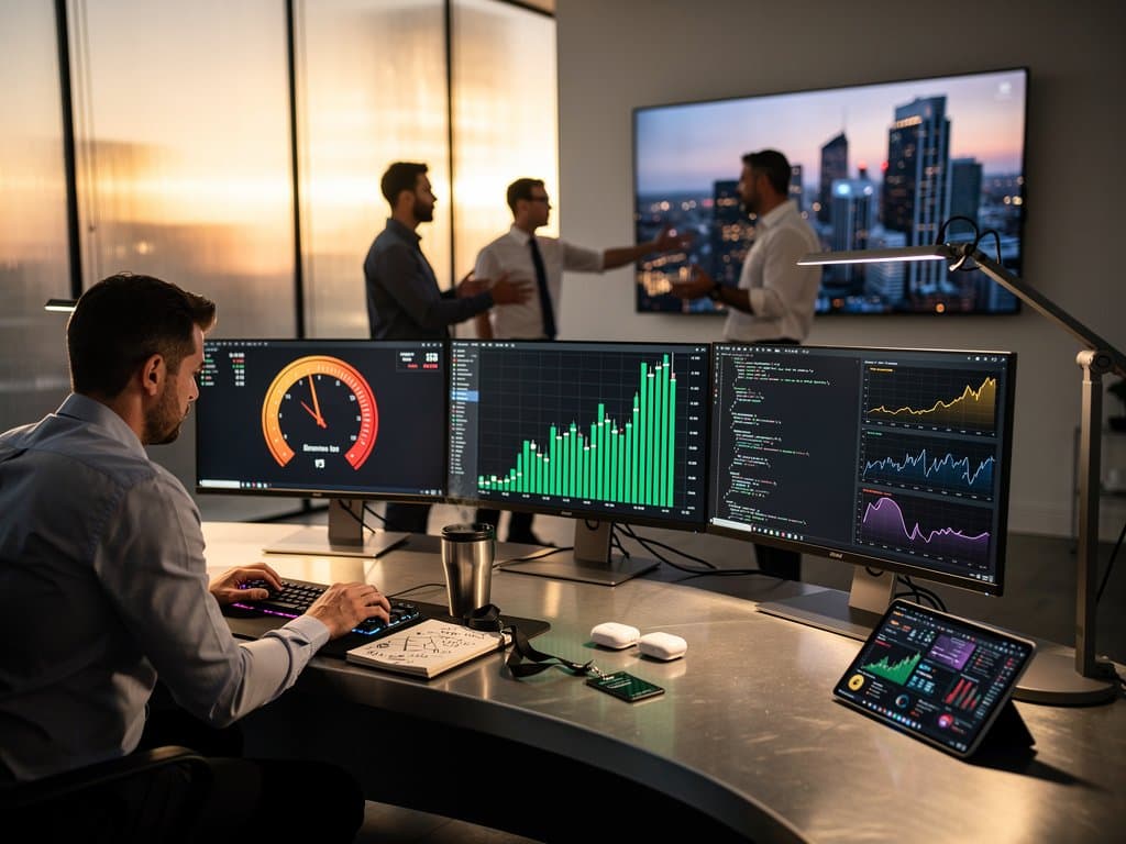 Trading floor analysts view BTC $75K USD charts, Fear & Greed 23, and Bedrock text-to-SQL on multi-monitor setups
