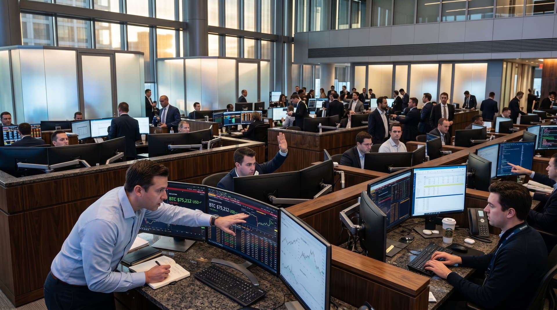 Trading desk with Bedrock AI compliance dashboards showing BTC charts, reasoning overlays, and Fear & Greed Index on multi-monitors in finance office