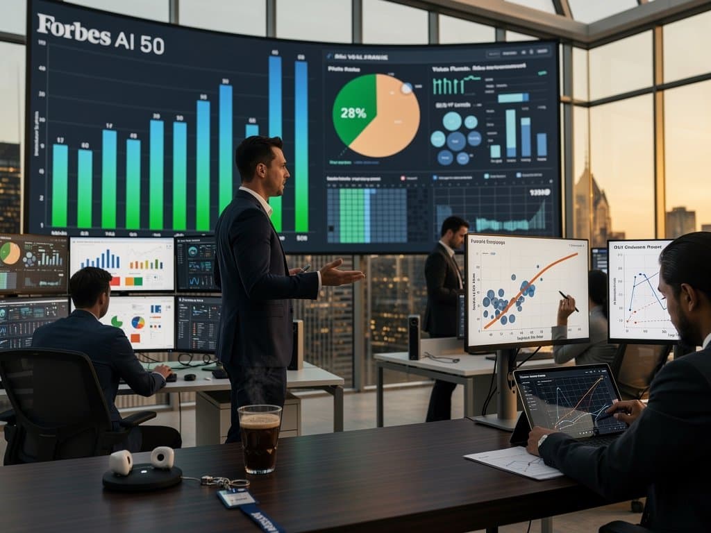 Data analysts in modern office with monitors showing AI rankings bar charts, scatter plots, and dashboards amid collaborative tech space