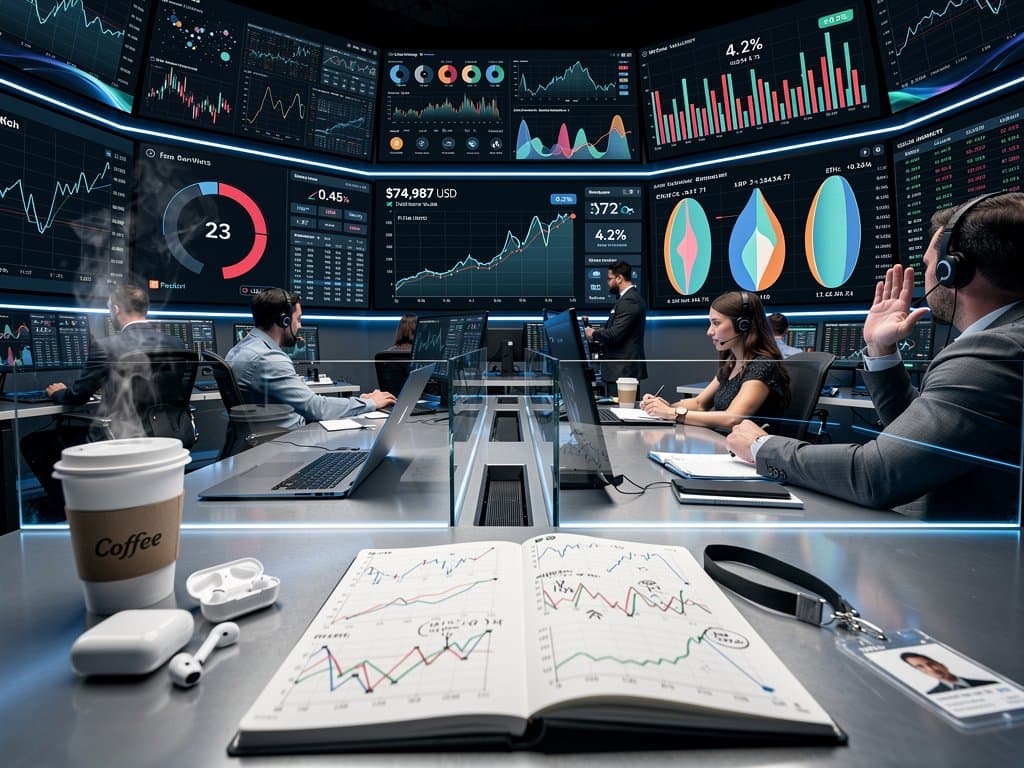 Abstract jagged AI charts and crypto dashboards showing BTC $74,987 USD, Fear 23, XRP gains on sleek multi-monitor setup