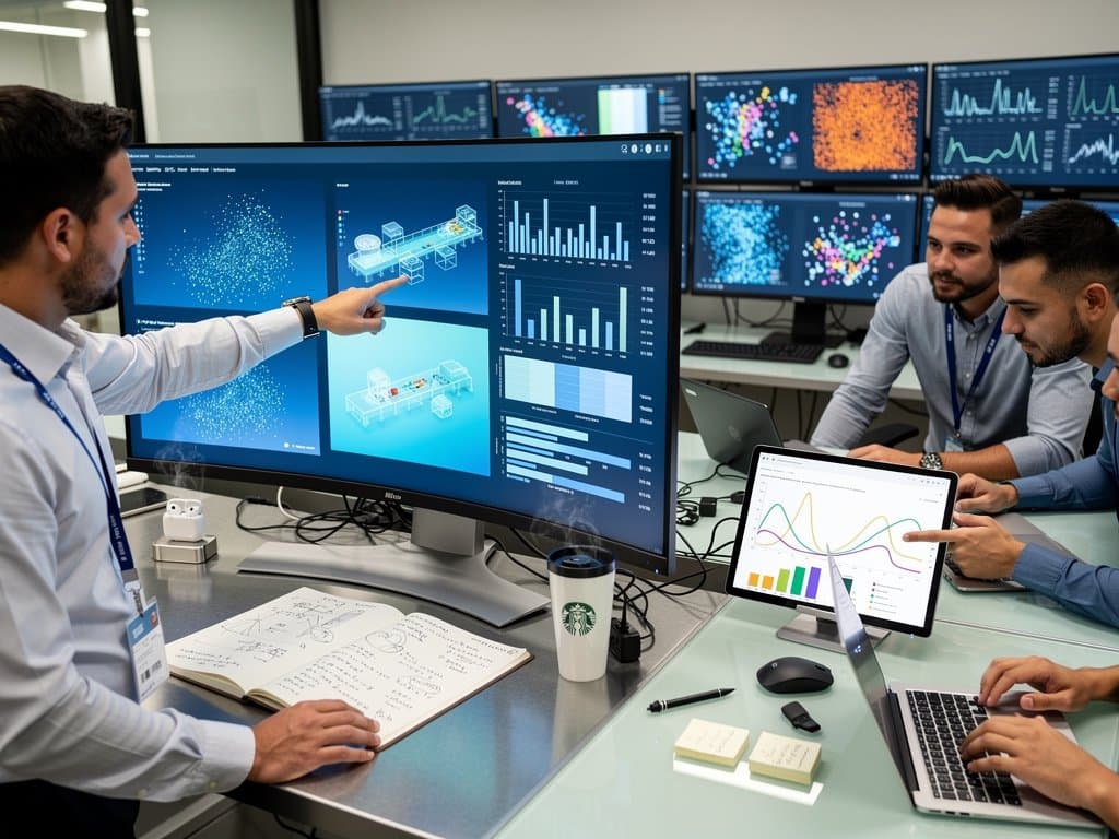 Interactive AI dashboards displaying SHAP bar charts, LIME scatters, and sensor heatmaps in a high-tech manufacturing visualization lab