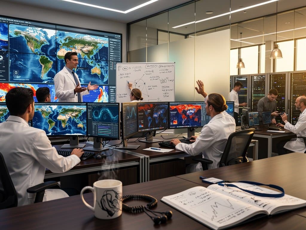 Modern lab with monitors showing AI climate heatmaps, uncertainty bands, and weather timelines in innovative workspace