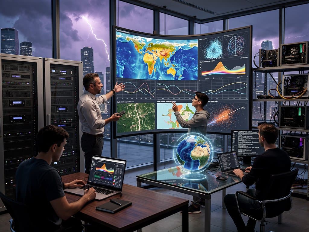Monitors in modern lab display AI climate dashboards with heatmaps, satellite overlays, and prediction charts