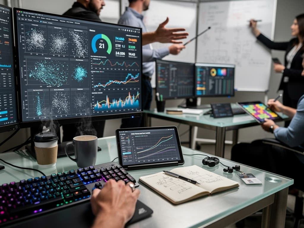 Jagged AI scatter plots and crypto charts on multi-monitors in modern data viz studio