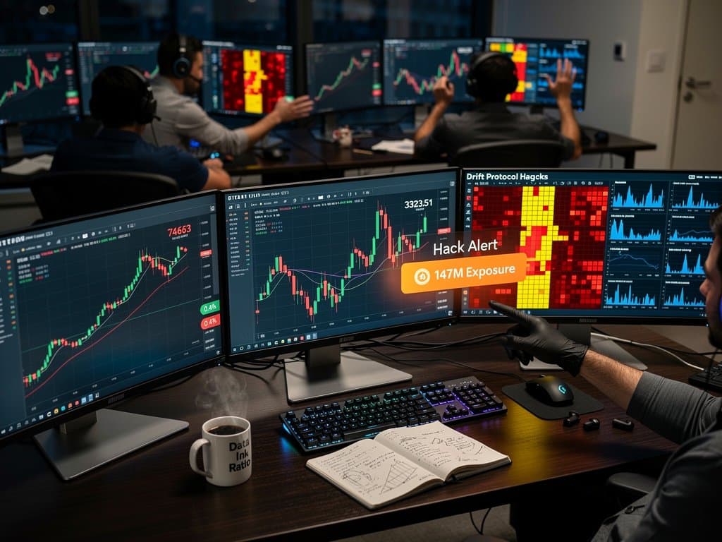 Trading floor monitors display crypto anomaly heatmaps, small multiples line charts, and Drift protocol visualizations during Tether bailout analysis