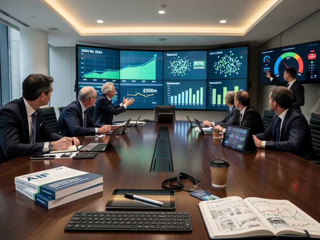 UK conference room with monitors showing AI data visualizations including line charts, scatter plots, and bar graphs for £500m fund