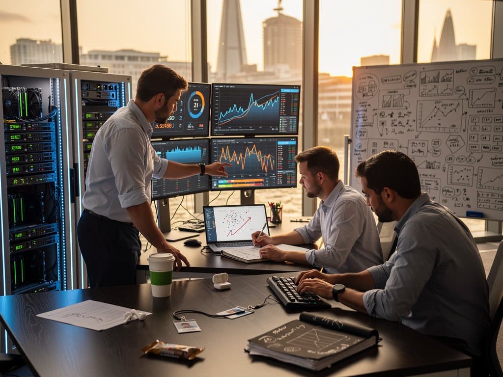 Multi-monitor tech lab setup displays jagged AI performance charts on Tableau dashboards with crypto data and sentiment gauges