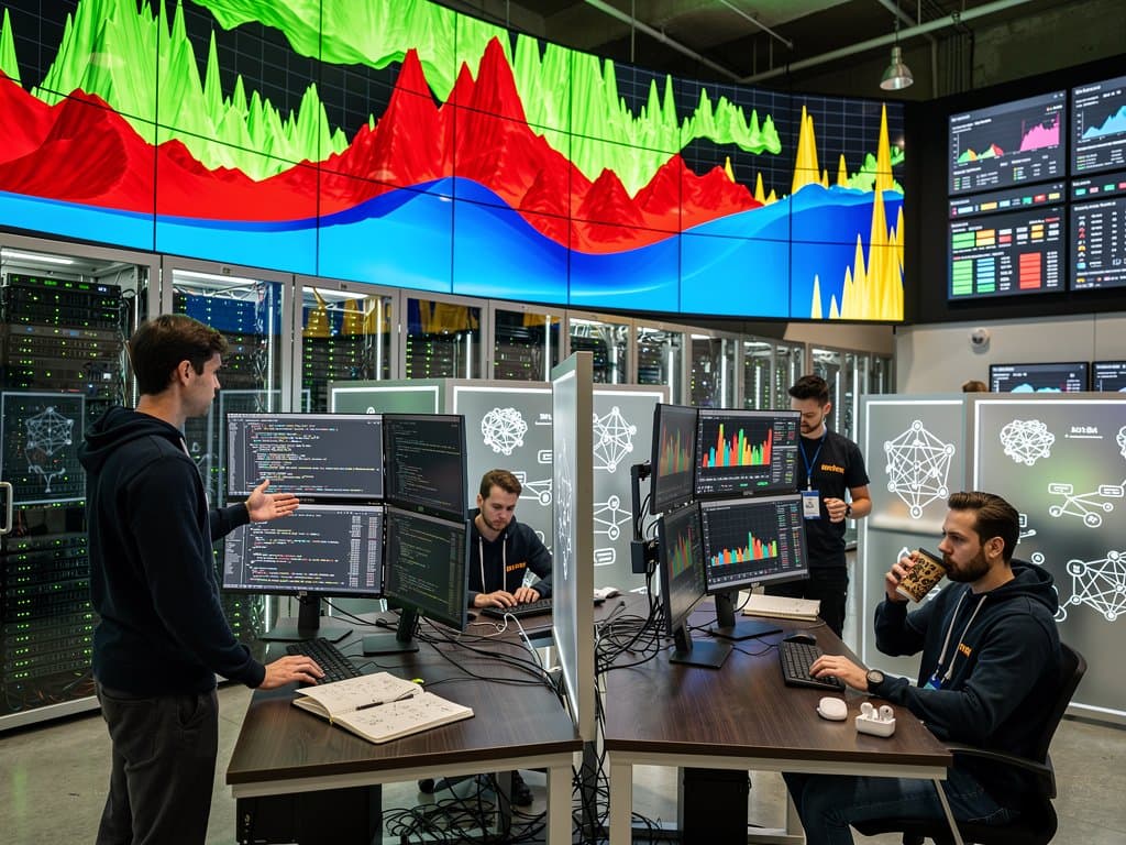AI lab video wall shows jagged intelligence heatmap with crypto charts on surrounding monitors