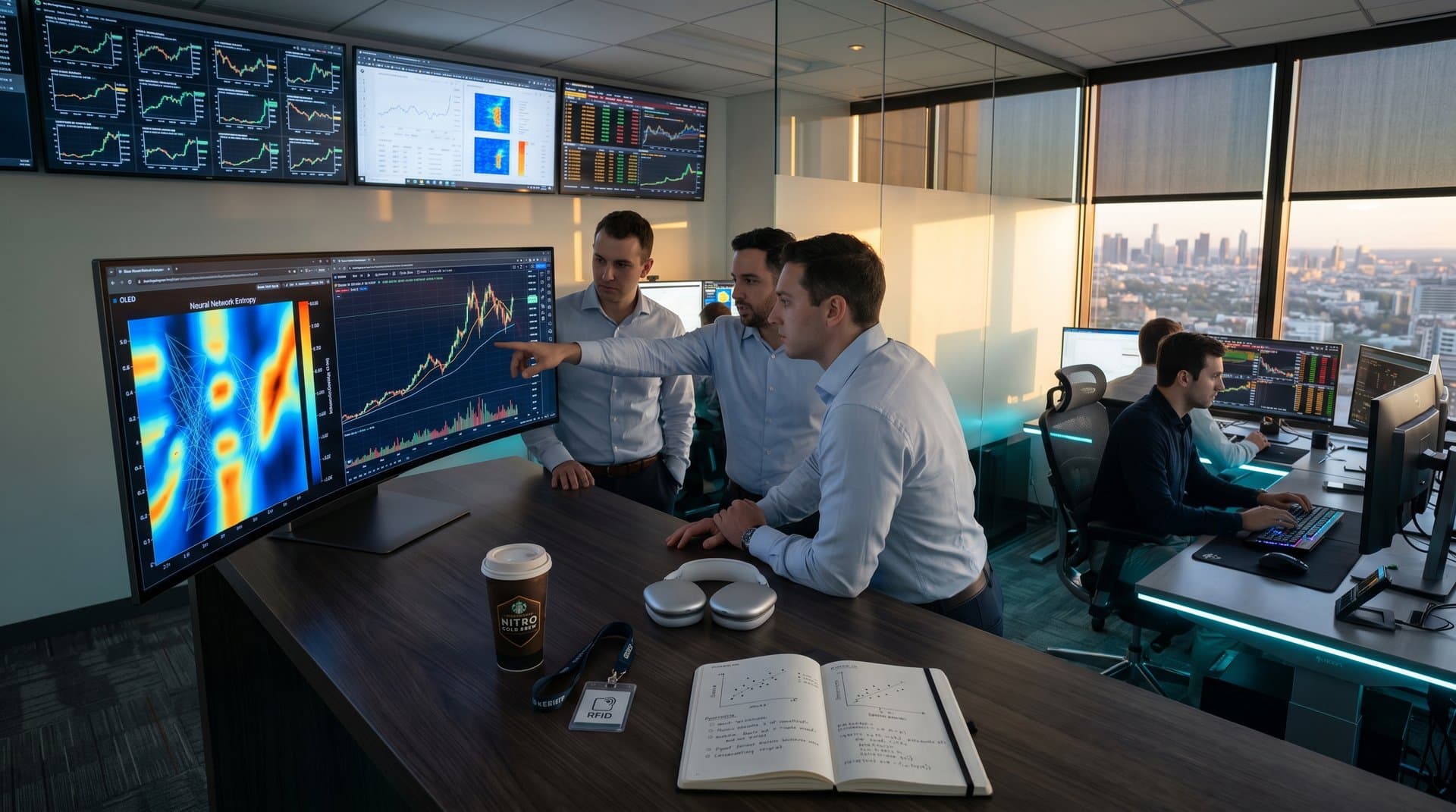 Neural network entropy visualizations on lab screens show crypto data flows amid volatility analysis