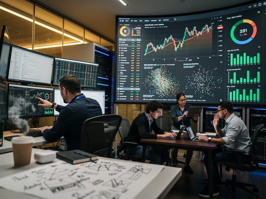 Data scientists in modern tech lab analyze AI-driven crypto visualizations on multi-monitor setups amid collaborative discussion