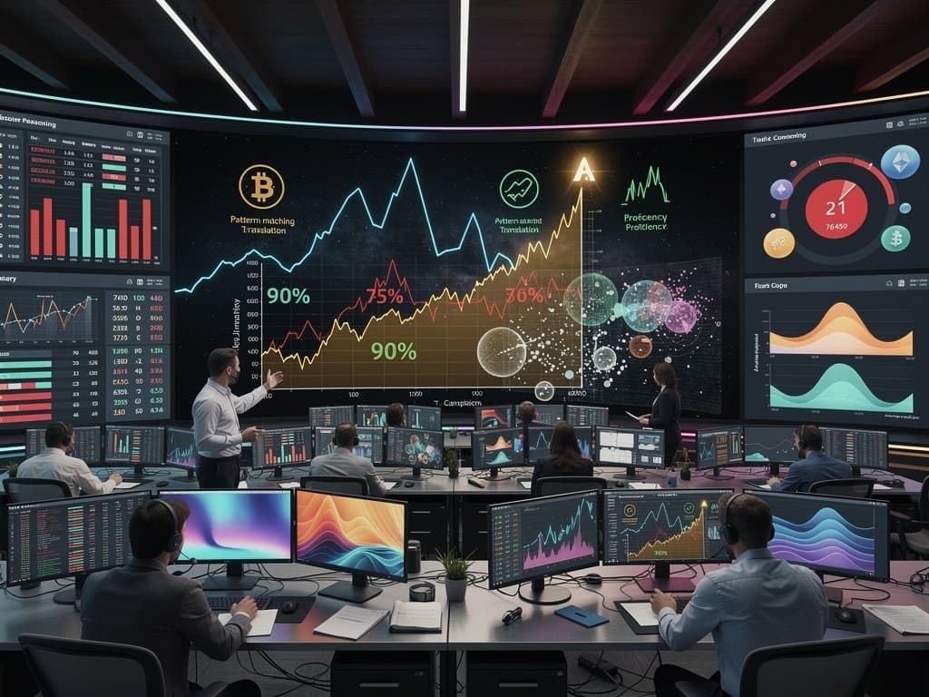 Abstract jagged intelligence graphs with AI performance peaks, valleys, and BTC crypto volatility charts in neon glow