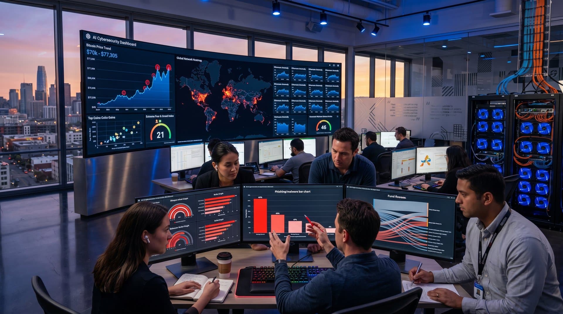 AI cybersecurity dashboards on video wall and monitors in modern data viz lab with skyline view