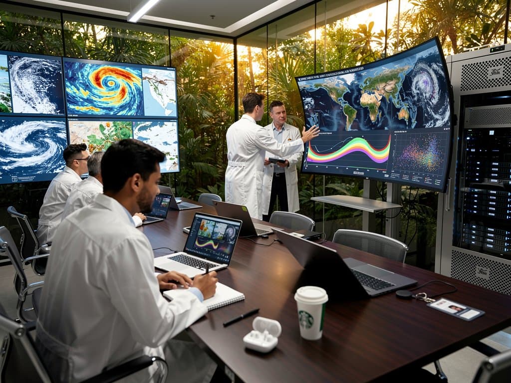 AI climate prediction maps and GraphCast diagrams on monitors in modern tech lab workspace