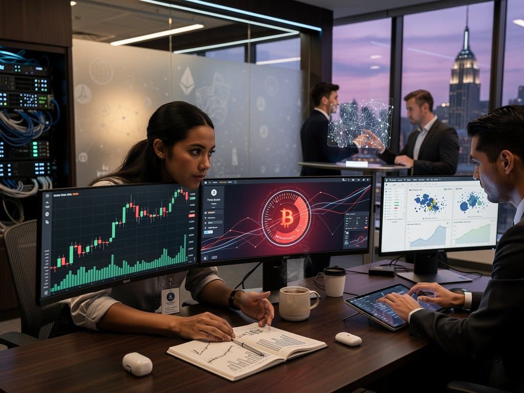 Tableau dashboards on government desk display BTC $78k chart, ETH trends, Fear & Greed Index 21 for NY crypto regulation analytics