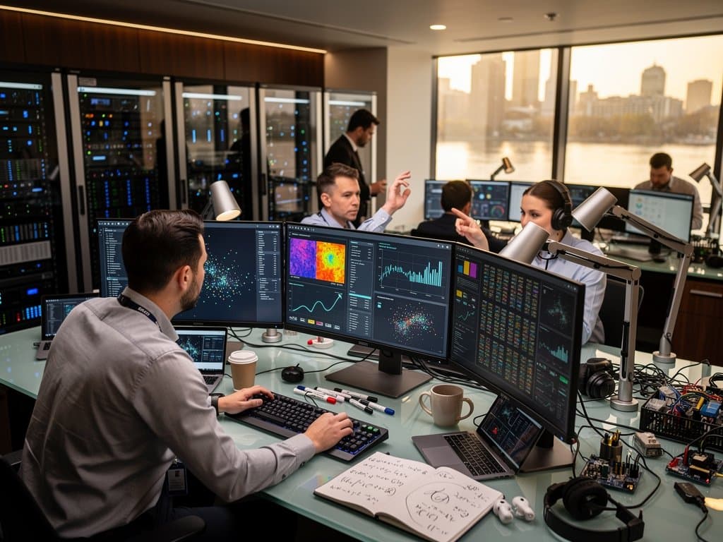 Data scientists analyzing AI boom metrics dashboards with charts, sparklines, and small multiples in modern tech lab