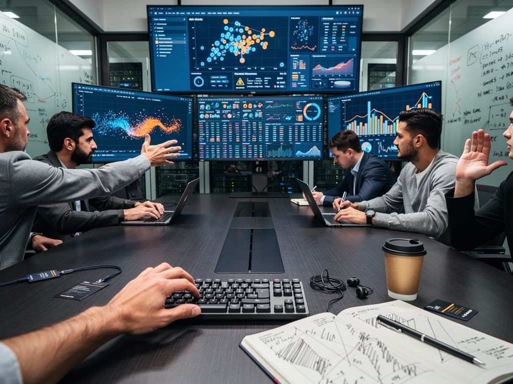 Engineers at glass desks analyze AI benchmark scatterplots and model comparison grids on multi-monitors in a high-tech research lab