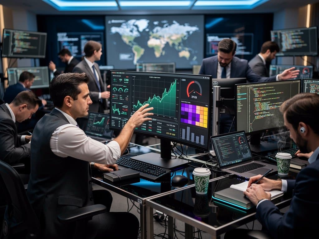Interactive dashboard visualizing AI boom metrics with crypto market caps, line charts, and Fear & Greed Index on ultrawide monitor.
