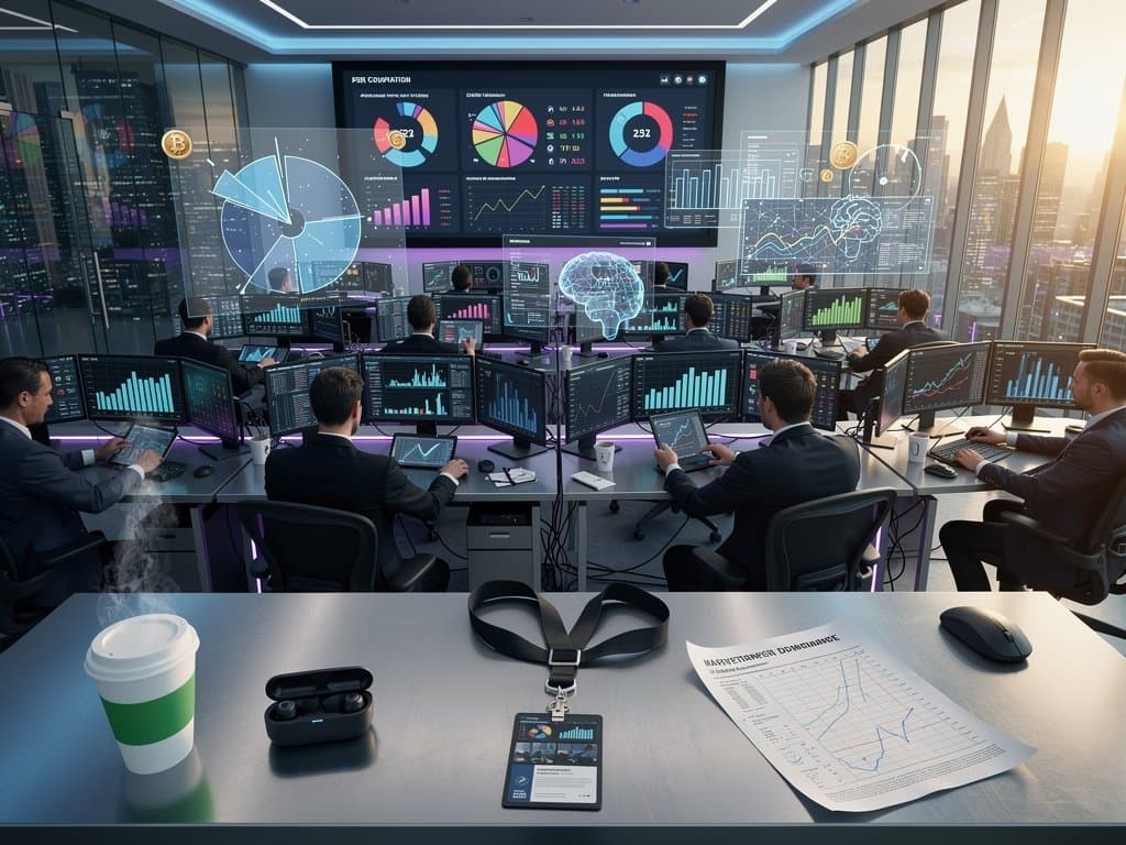 Glitched AI and crypto dashboards showing pie chart distortions, Fear Index 21, and clean bar alternatives