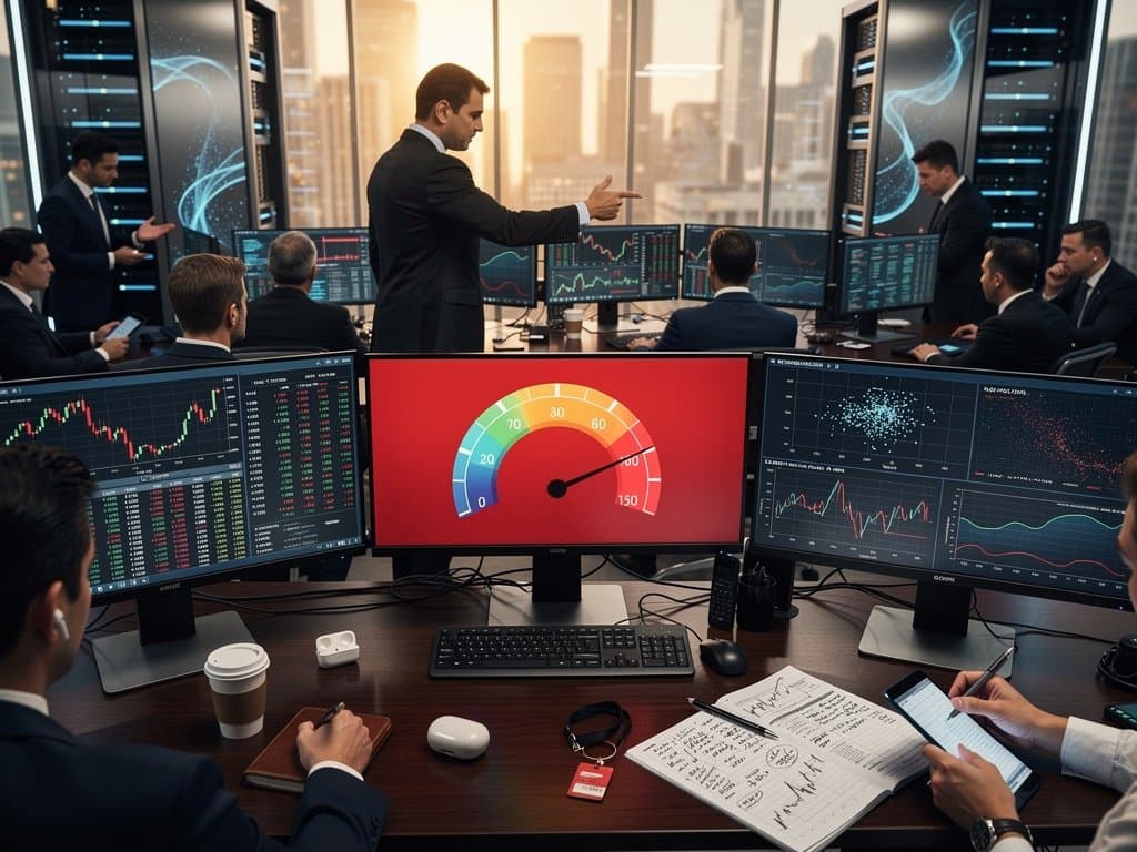 High-tech dashboards on monitors display Fear & Greed Index at 21, Bitcoin and Ethereum crypto tables, AI metrics scatter plots, and sparklines in modern office setting