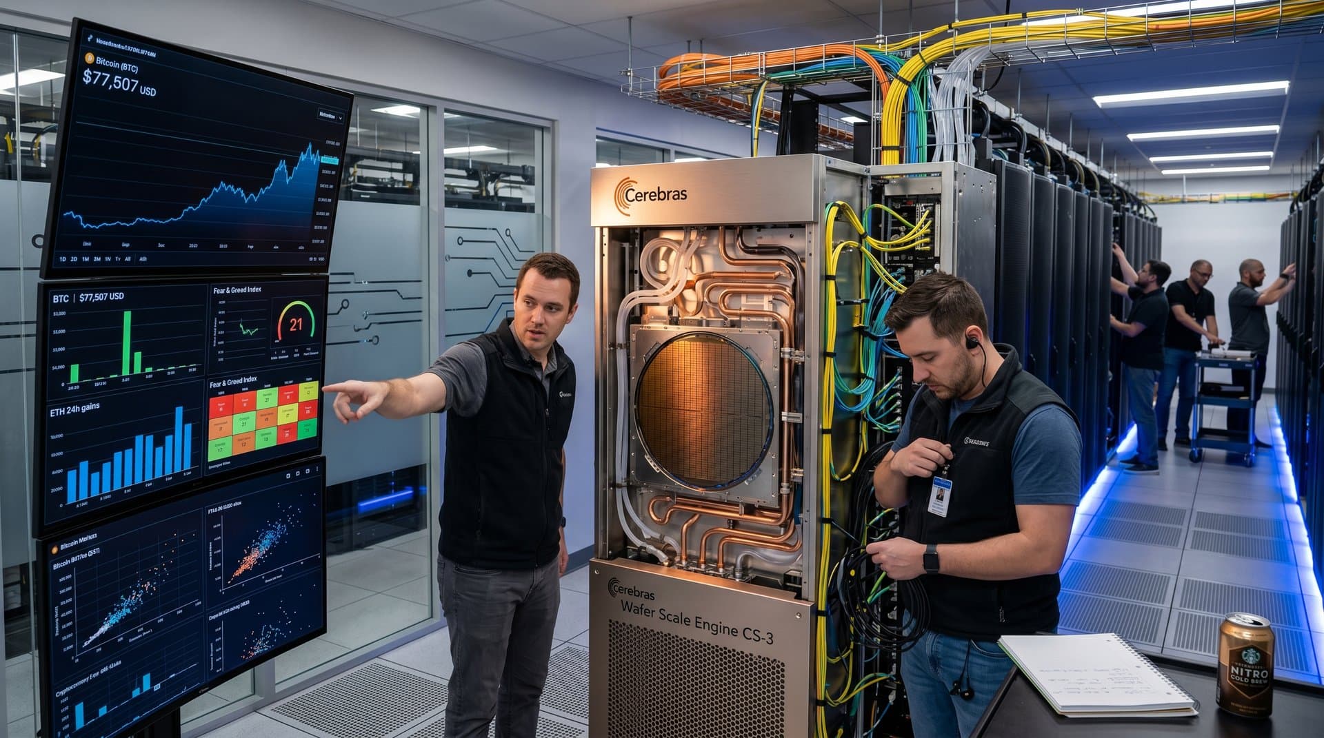 Cerebras Wafer Scale Engine in data center with real-time crypto dashboards on monitors amid server racks